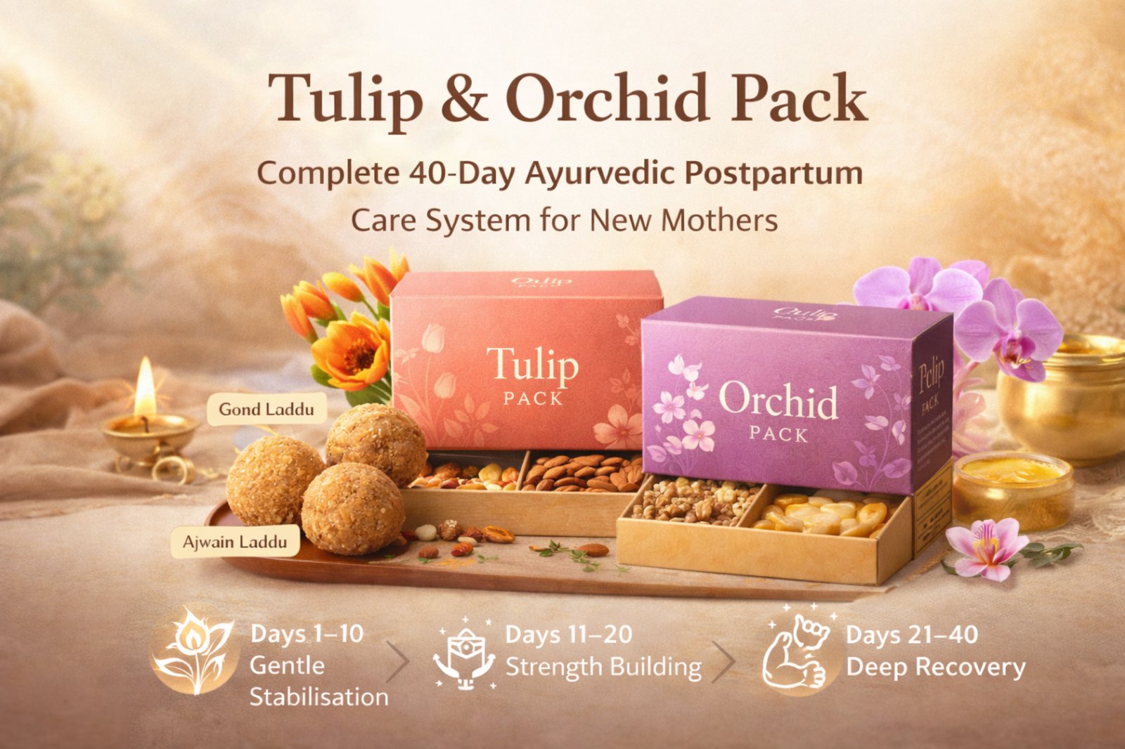 Tulip & Orchid Pack – Complete 40-Day Ayurvedic Postpartum Care System for New Mothers